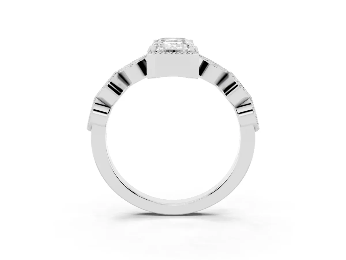 Emerald Cut Diamond Vintage Milgrain Ring with Round Stations Silver