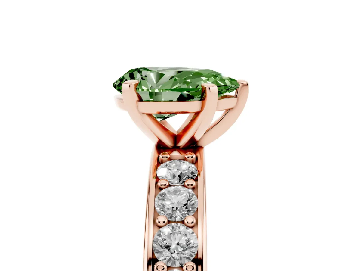 Fancy Green Pear Cut Diamond Engagement Ring with Channel Set Round Band and Prong Setting Rose gold