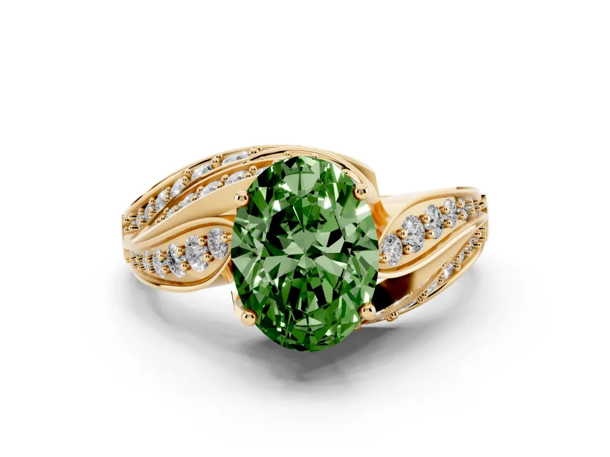 Fancy Green Oval Cut Diamond Solitaire Ring with Prong Setting and Twisted Pavé Band Yellow gold