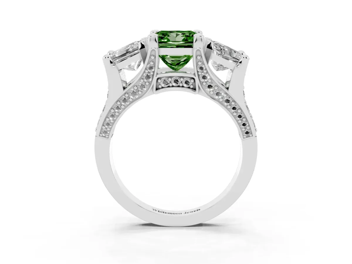 Fancy Green Princess Cut Diamond Three-Stone Ring with Channel Set Band and Four-Prong Setting Silver