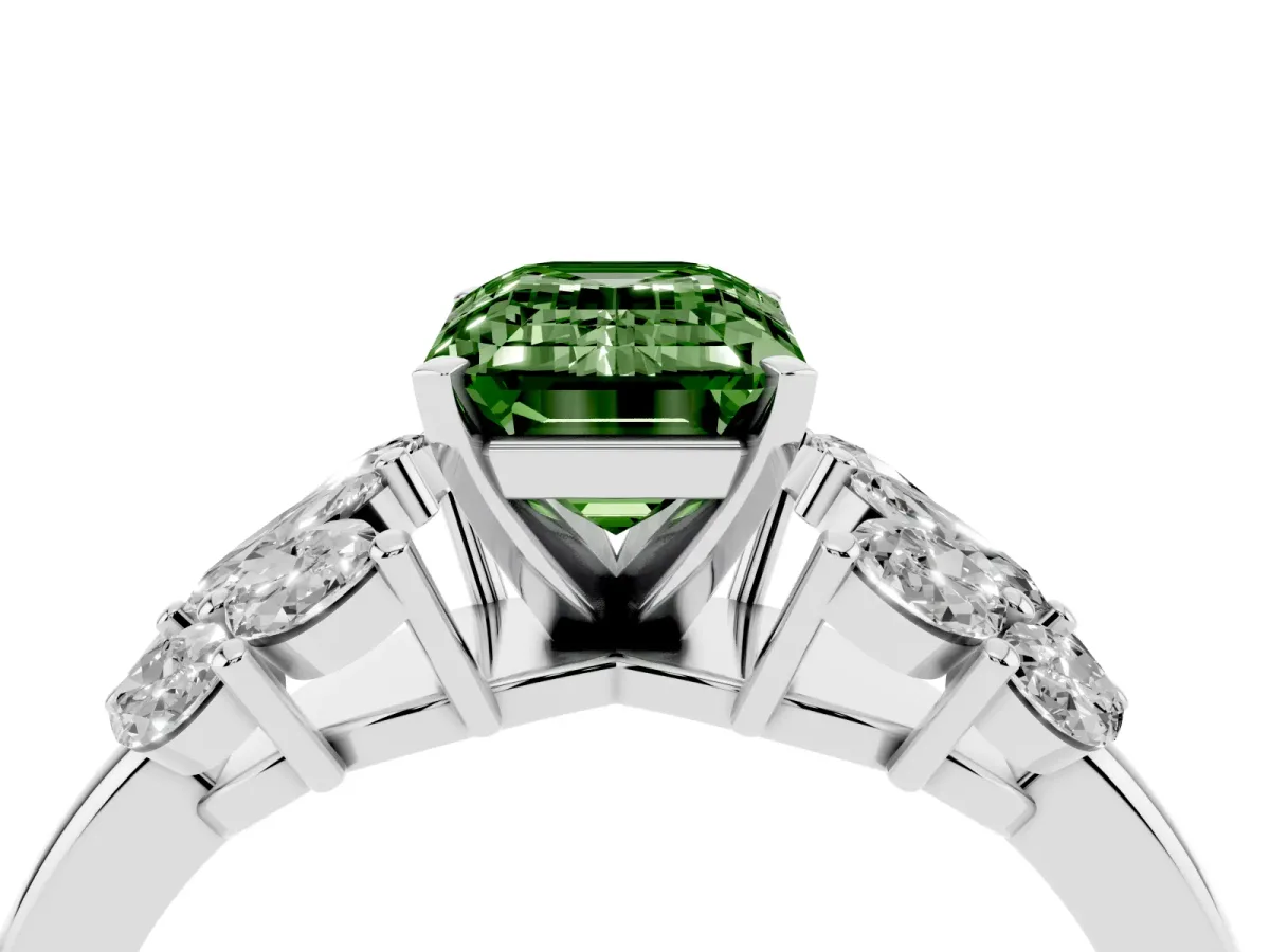 Fancy Green Emerald Cut Diamond Cluster Leaf Design Ring with Prong Setting White gold