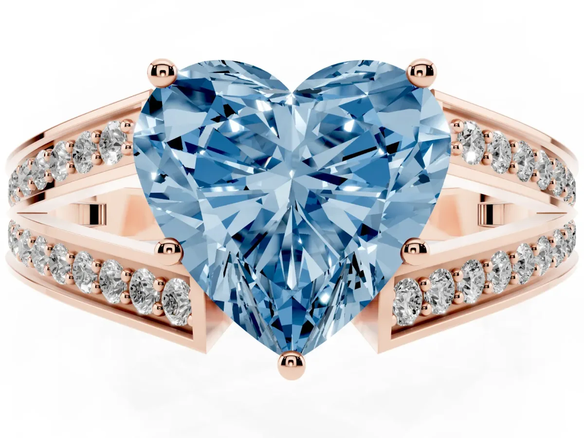 Fancy Blue Heart Cut Diamond Split Shank Ring with Pavé Band and Four-Prong Setting Rose gold