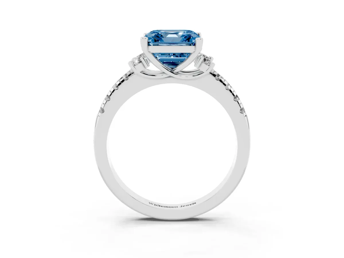 Fancy Blue Asscher Cut Diamond Three-Stone Pave Band with Four-Prong Setting Platinum