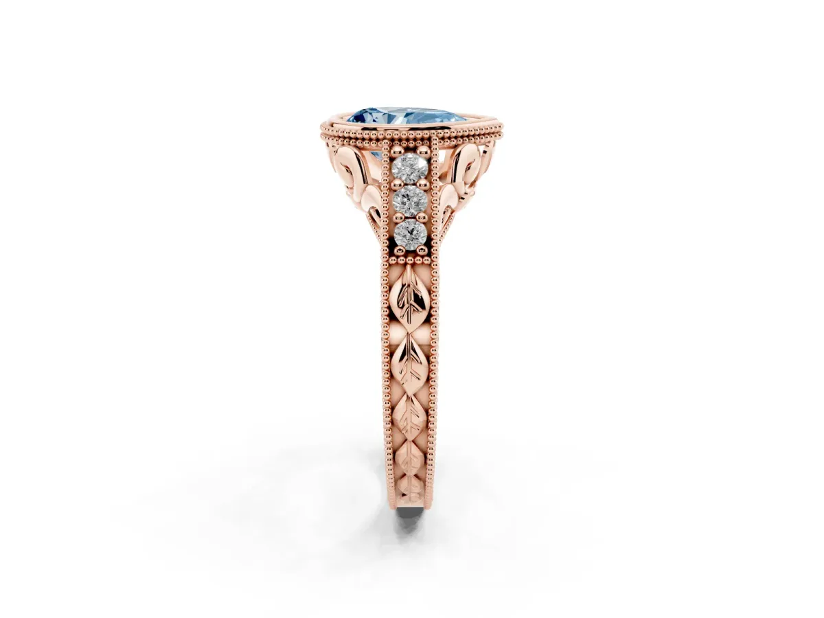 Fancy Blue Bezel Set Pear Cut Diamond Milgrain Pave Engagement Ring Rose gold