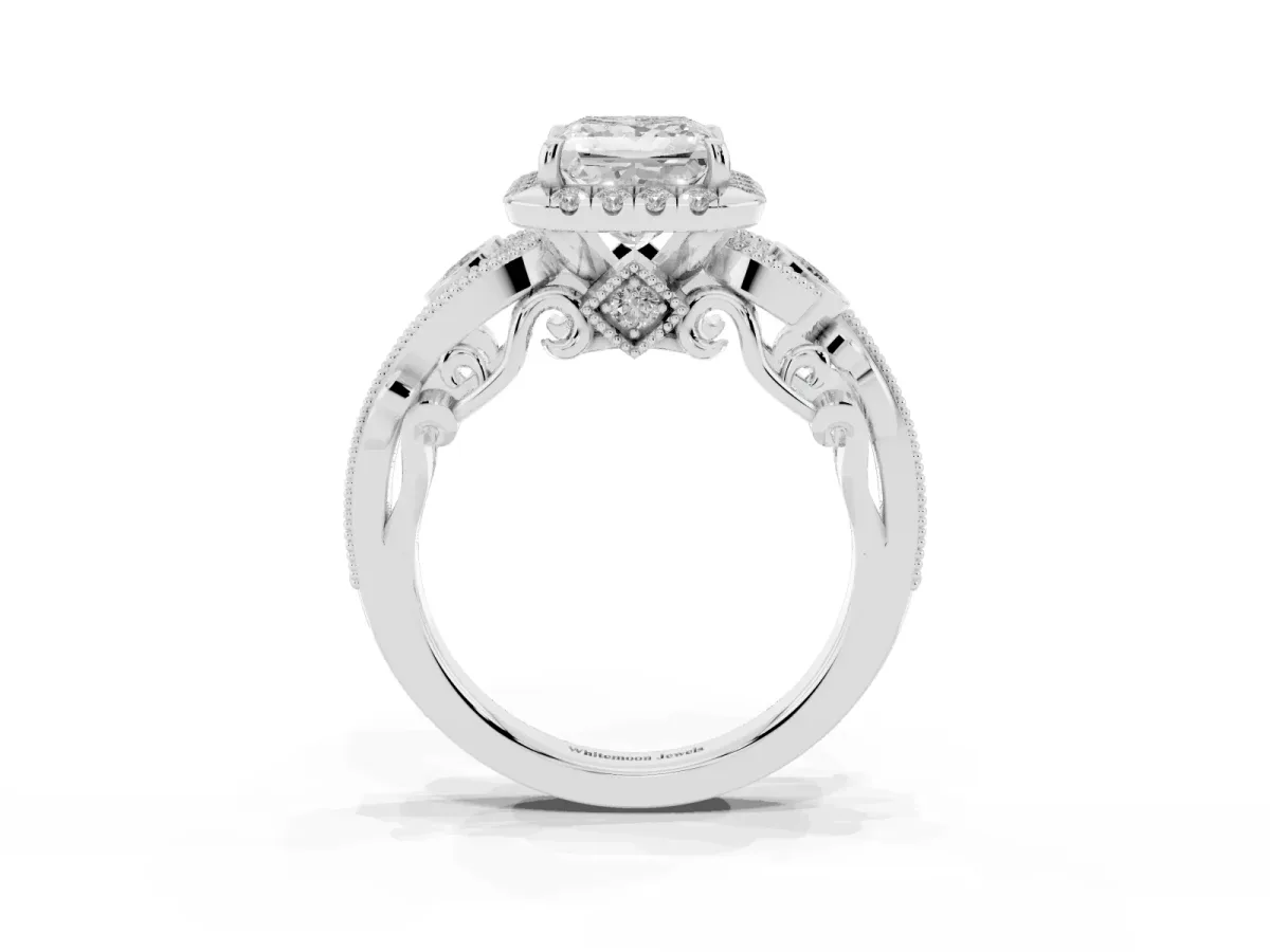 Princess Cut Diamond Halo Ring with Milgrain Pavé Band and Four-Prong Setting Silver