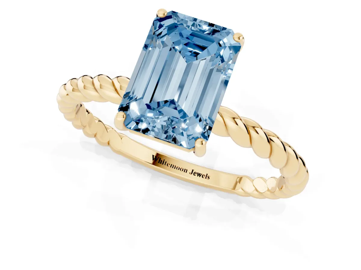 Fancy Blue Emerald Cut Solitaire Twisted Band 4-Prong Ring Yellow gold