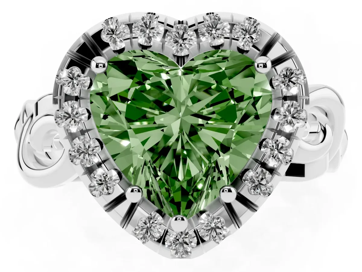 Fancy Green Heart Cut Cut Halo Diamond Ring with Scrollwork Band and Four-Prong Setting Silver