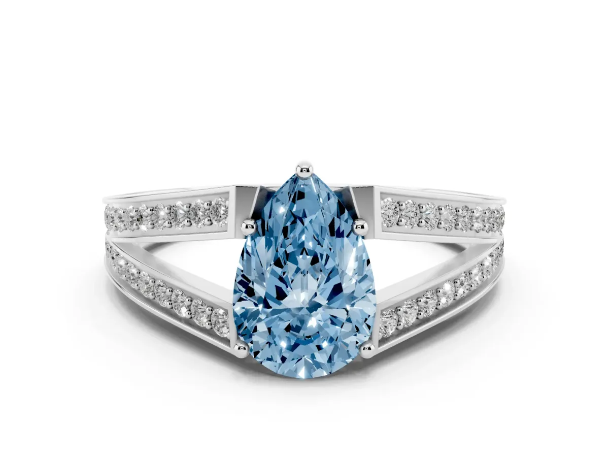 Fancy Blue Pear Cut Diamond Split Shank Ring with Pavé Band and Four-Prong Setting Silver