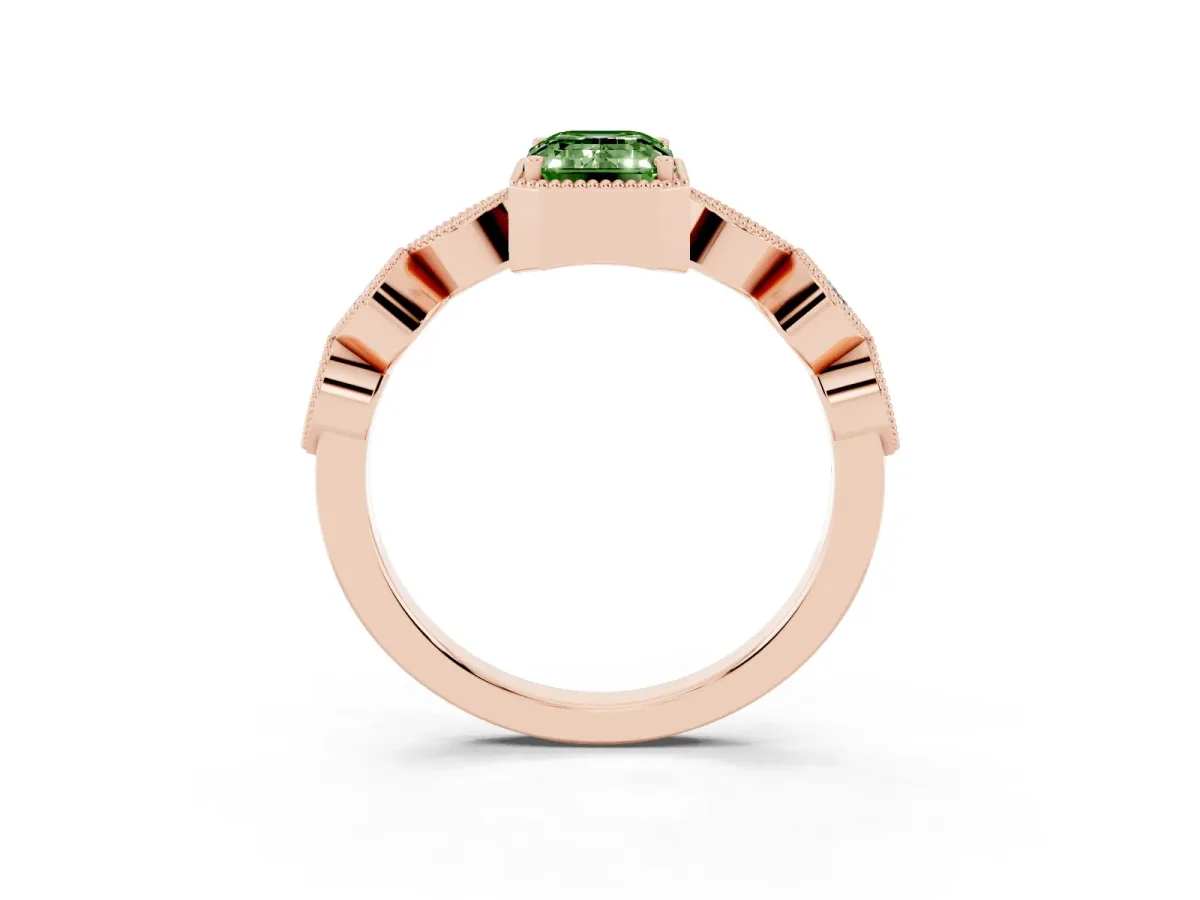Fancy Green Emerald Cut Diamond Vintage Milgrain Ring with Round Stations Rose gold
