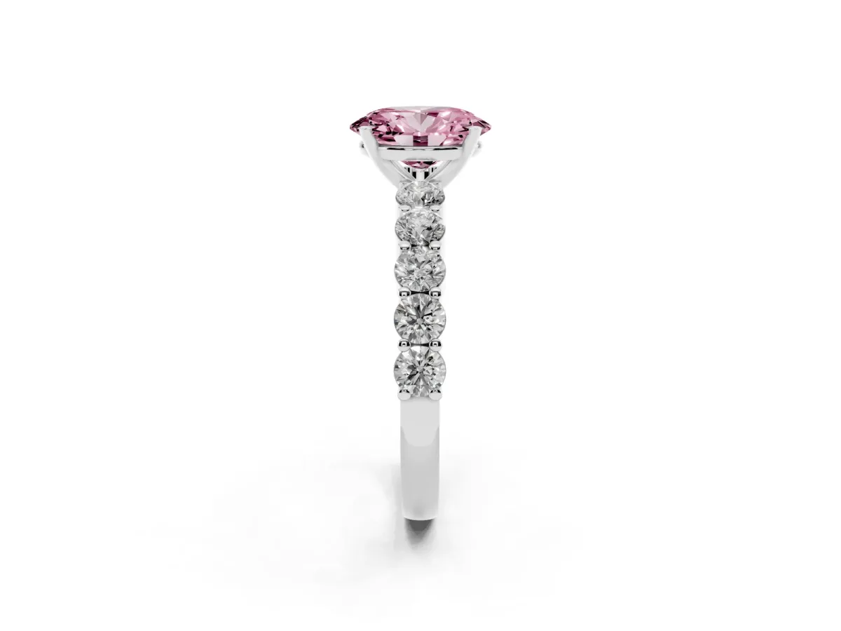 Fancy Pink Oval Cut Diamond Solitaire Ring with Shared Prong Round Side Stones Silver
