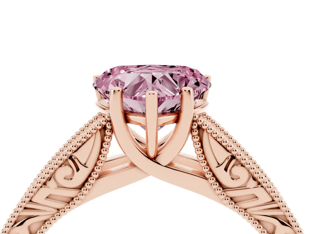 Fancy Pink Heart Cut Diamond Solitaire Ring with Engraved Band and Four-Prong Setting Rose gold