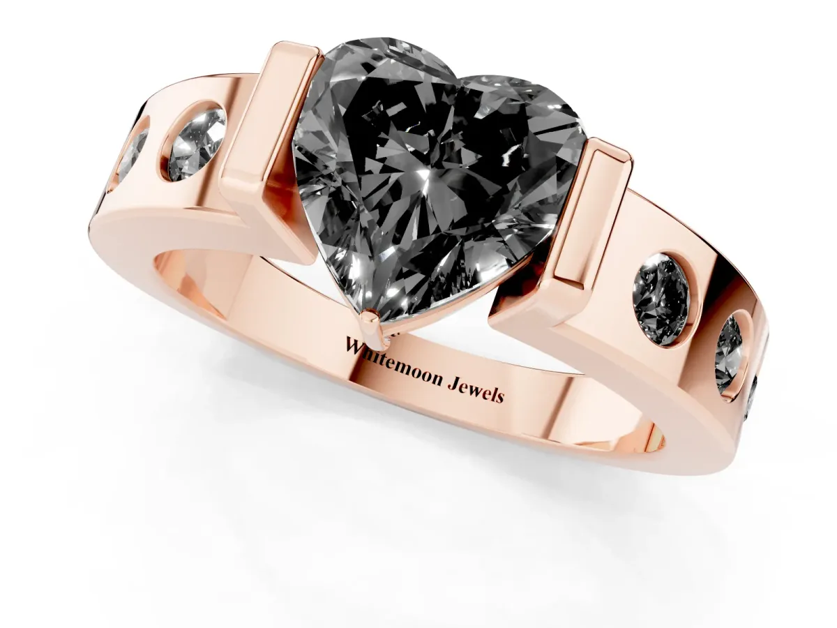 Fancy Black Heart Cut Brilliant Channel-Set Diamond Ring with Bezel Prong Setting Rose gold