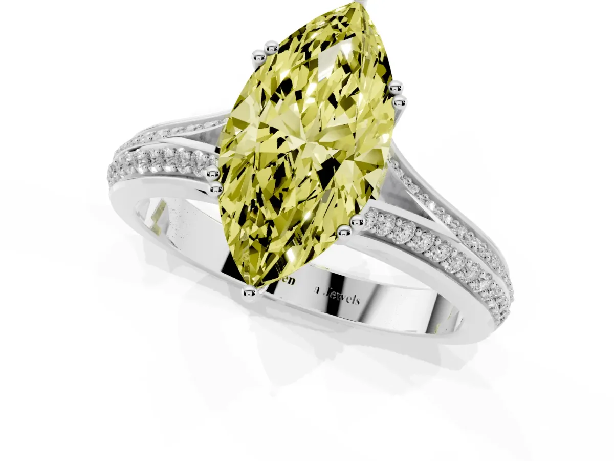 Fancy Yellow Marquise Cut Diamond Split Shank Engagement Ring with Pavé Band Silver