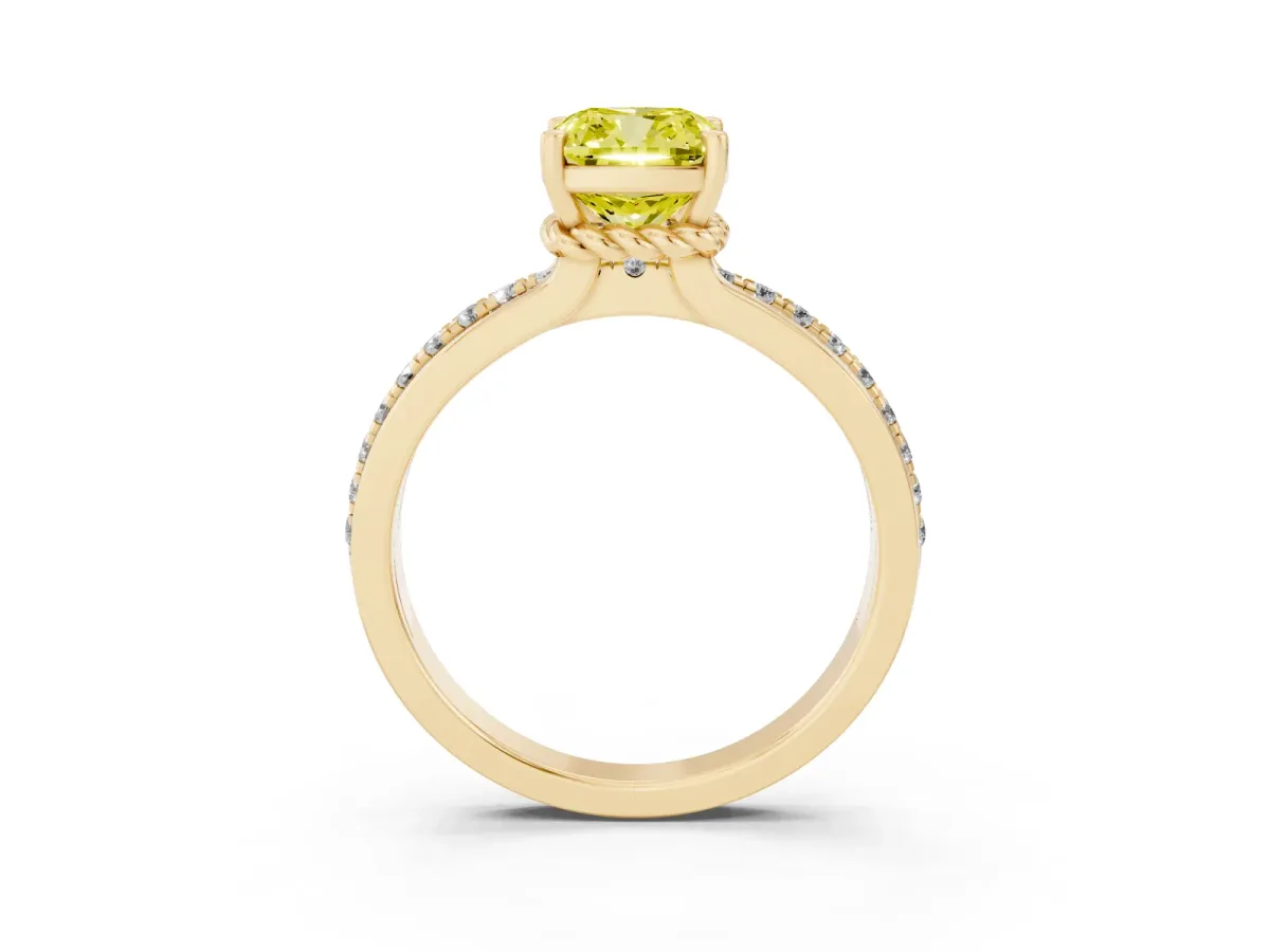 Fancy Yellow Cushion Cut Solitaire Diamond Ring with Channel Set Band and Six-Prong Setting Yellow gold