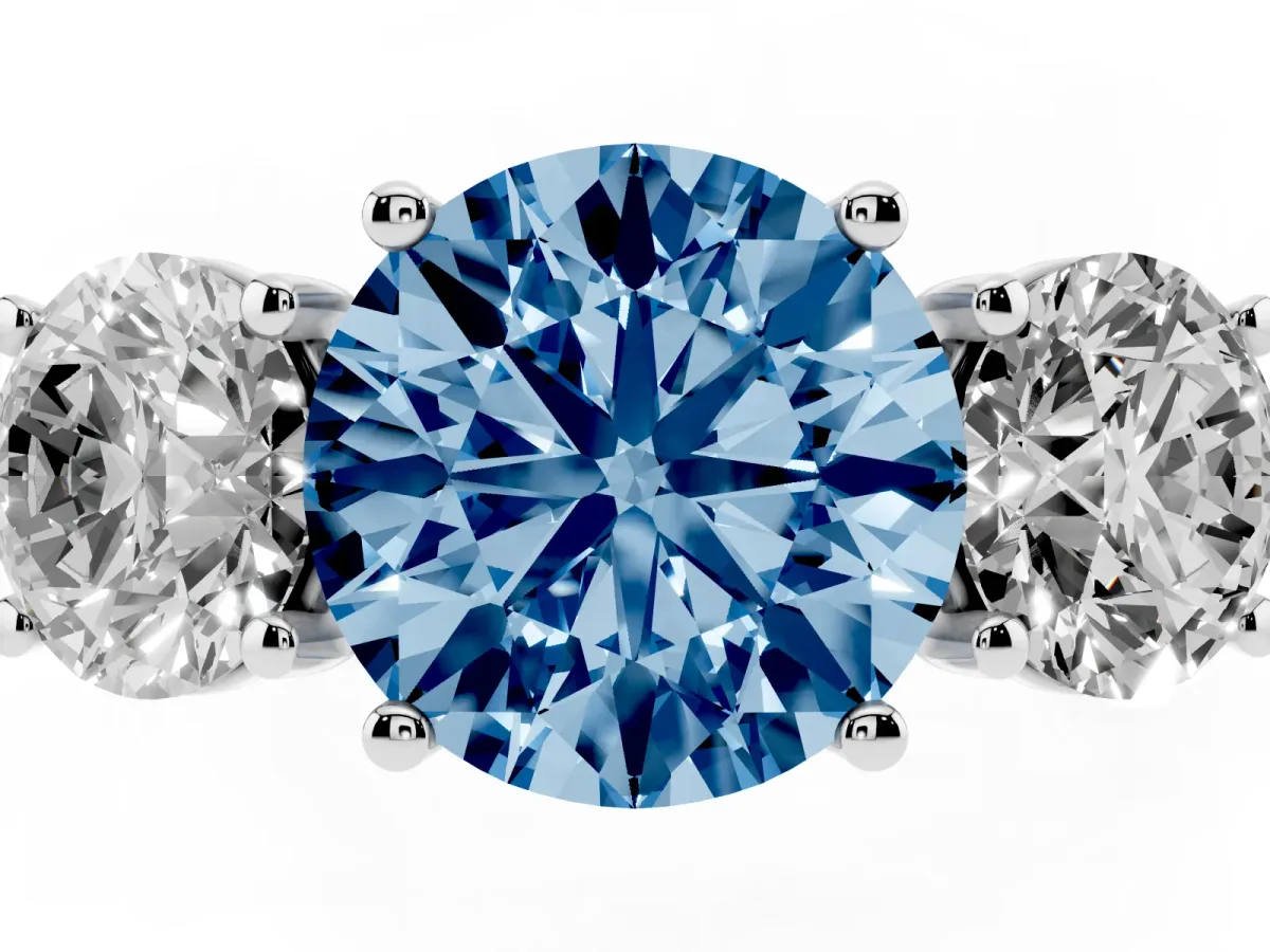 Fancy Blue Three-Stone Round Cut Diamond Ring with Round Pavé Band and Prong Setting Silver