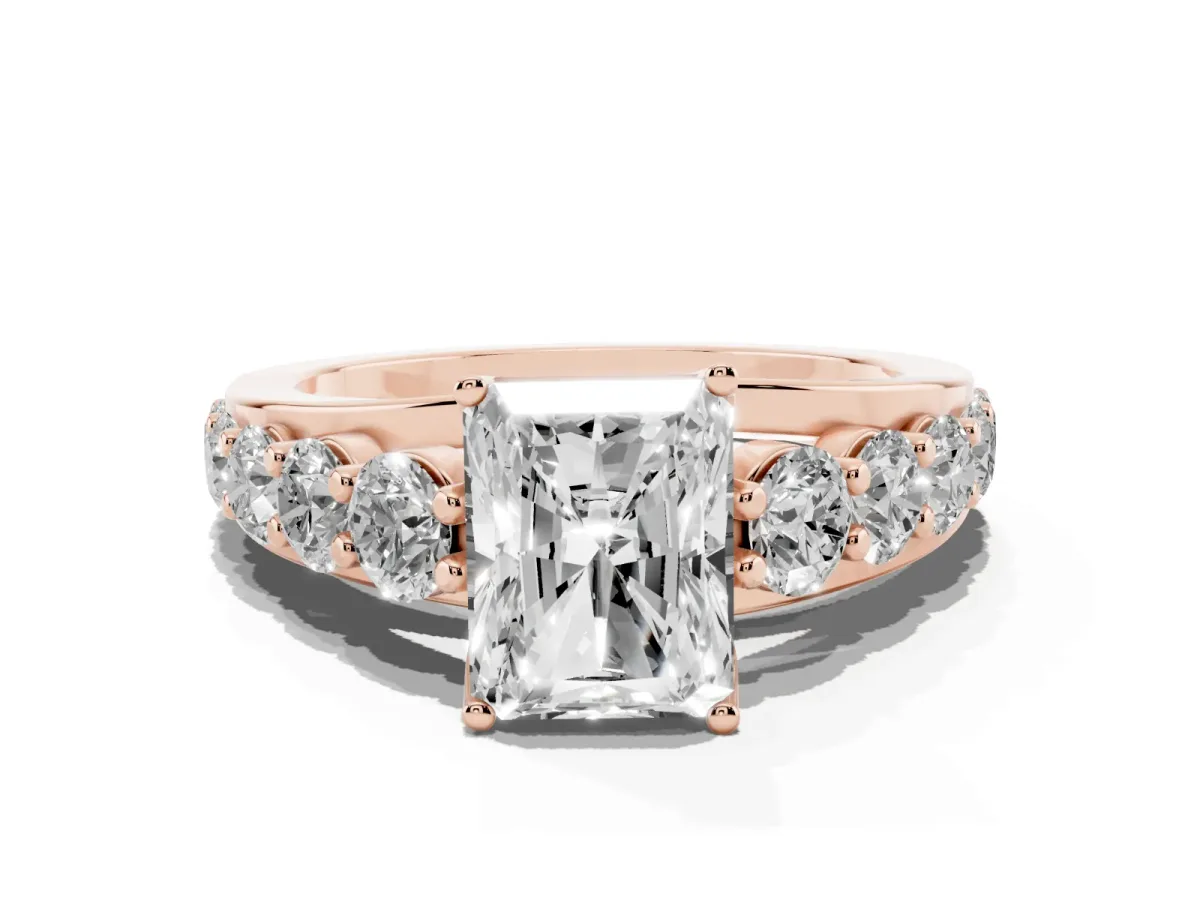 Radiant Cut Diamond Engagement Ring with Pavé Band and Four-Prong Setting Rose gold