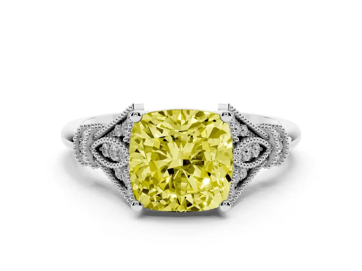 Fancy Yellow Cushion Cut Diamond Solitaire Ring with Floral Filigree and Pave Accents Platinum