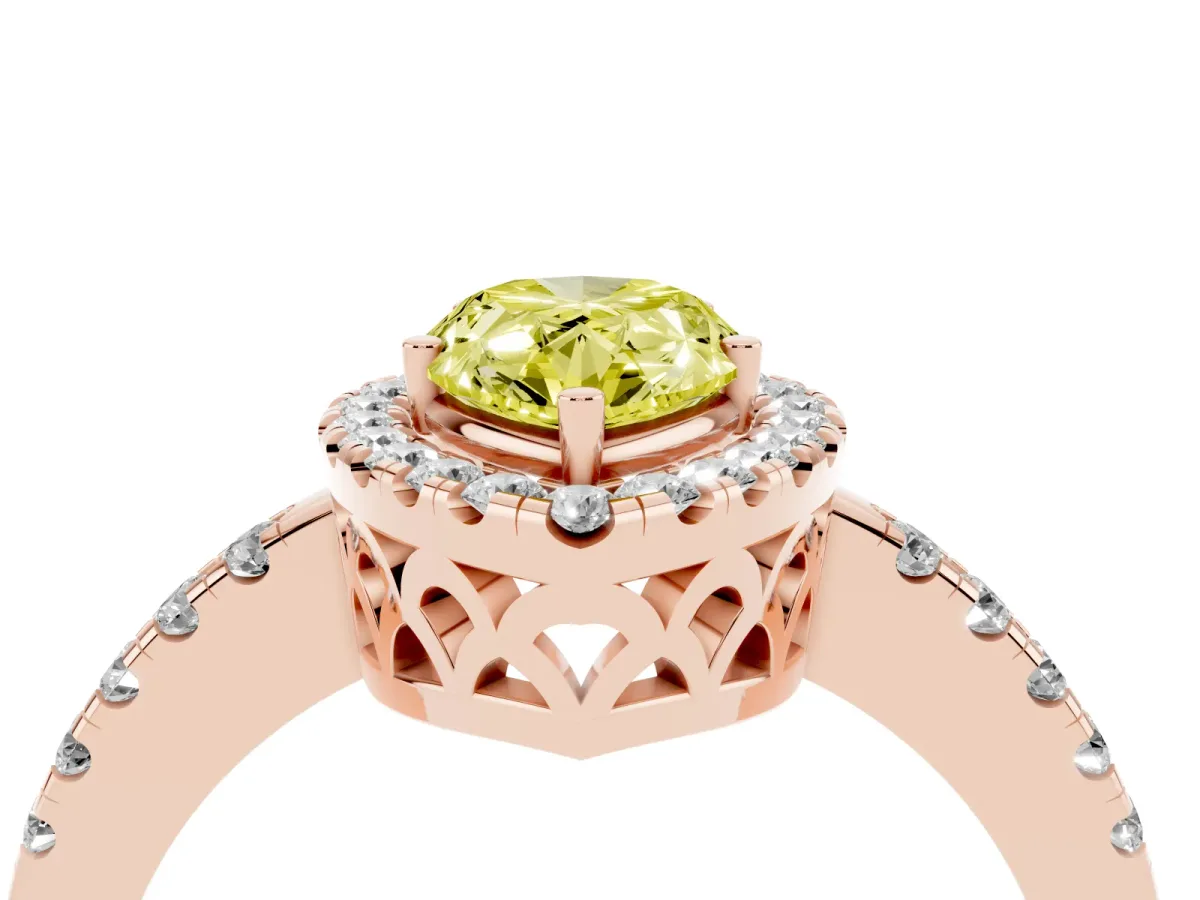 Fancy Yellow Pear Cut Halo Diamond Engagement Ring with Pavé Band and Four-Prong Setting Rose gold