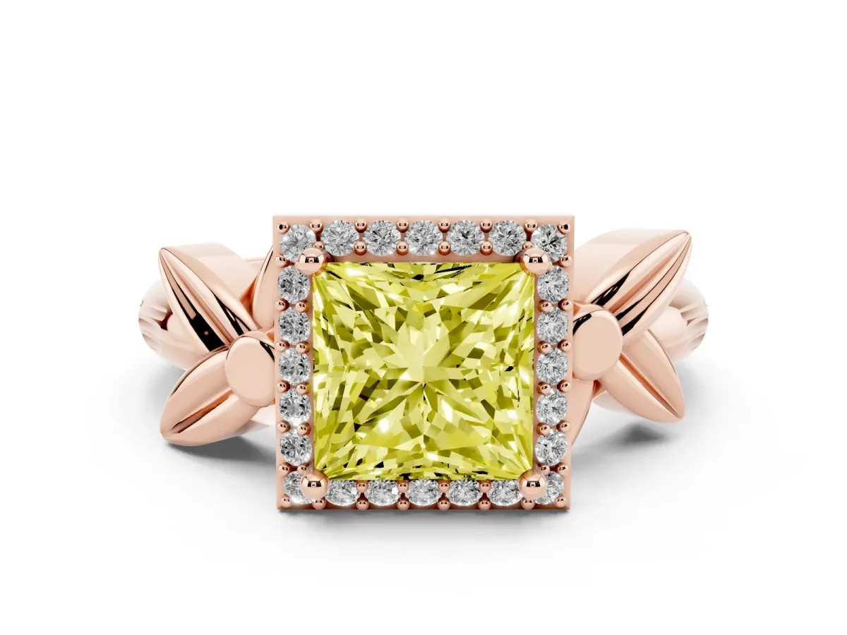 Fancy Yellow Princess Cut Halo Diamond Floral Band with Four-Prong Setting Rose gold