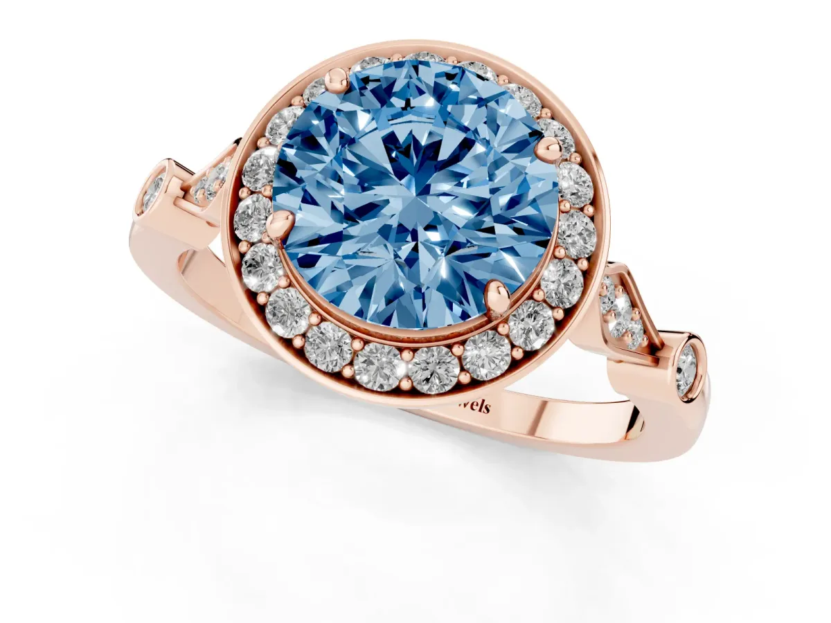 Fancy Blue Round Cut Halo Diamond Engagement Ring with Twisted Band and Four-Prong Setting Rose gold