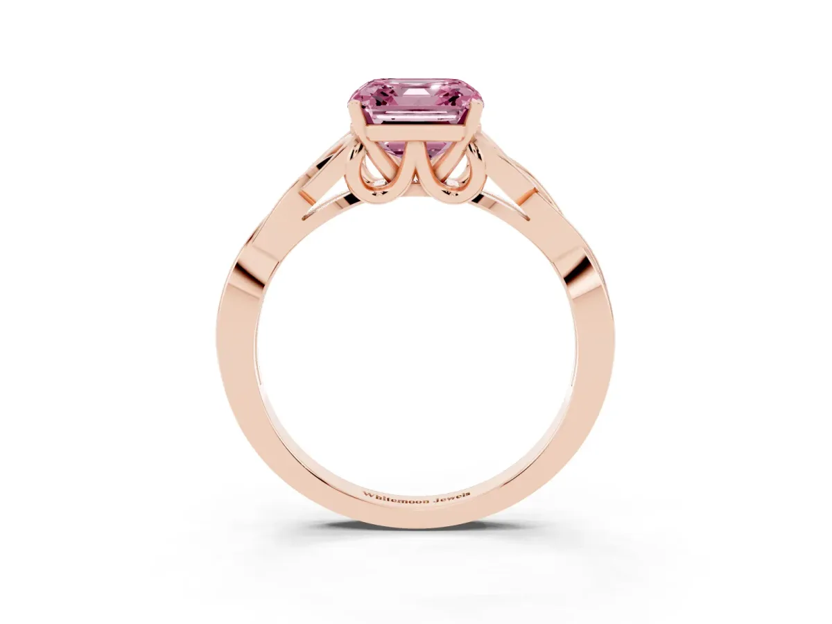 Fancy Pink Asscher Cut Diamond Solitaire Engagement Ring with Celtic Knot Band and Four-Prong Setting Rose gold