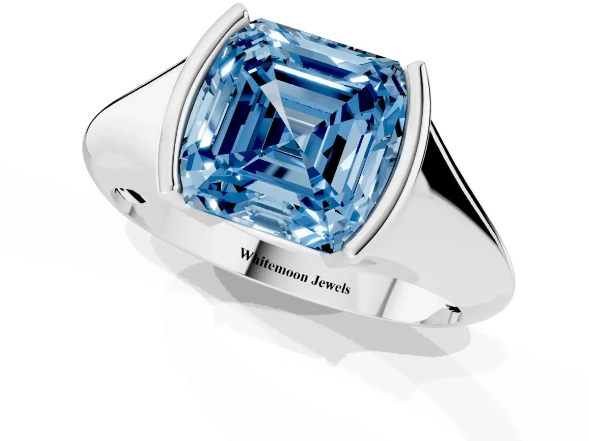 Fancy Blue Asscher Cut Solitaire Tension Set Diamond Ring White gold
