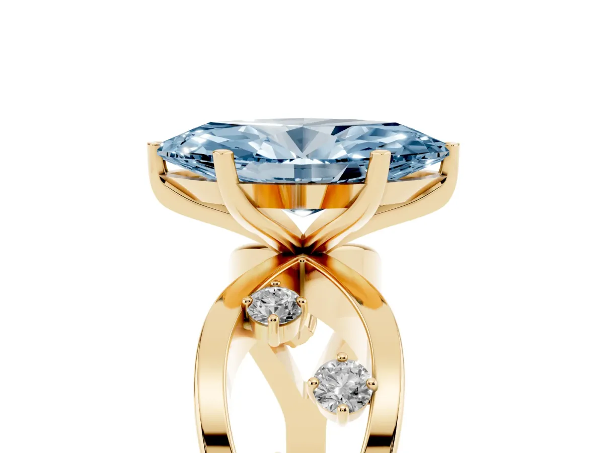 Fancy Blue Marquise Cut Cut Solitaire Diamond with Side Stones on Criss-Cross Band and Four-Prong Setting Yellow gold