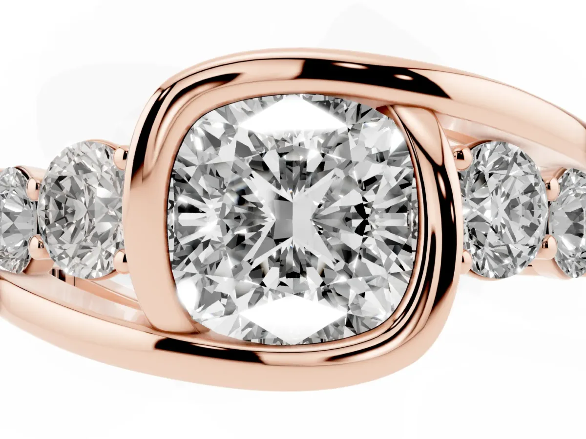 Bezel Set Cushion Cut Diamond Bypass Ring with Round Accents Rose gold
