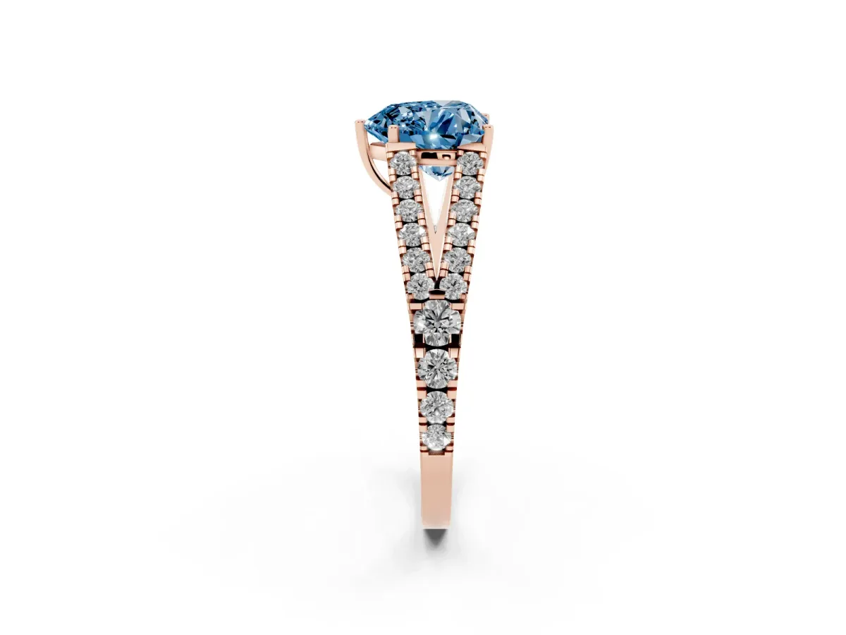 Fancy Blue Heart Cut Diamond Split Shank Pavé Engagement Ring with Four-Prong Setting Rose gold