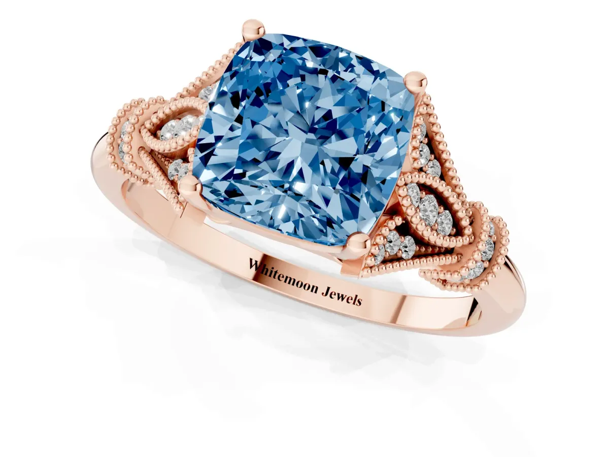 Fancy Blue Cushion Cut Diamond Solitaire Ring with Floral Filigree and Pave Accents Rose gold