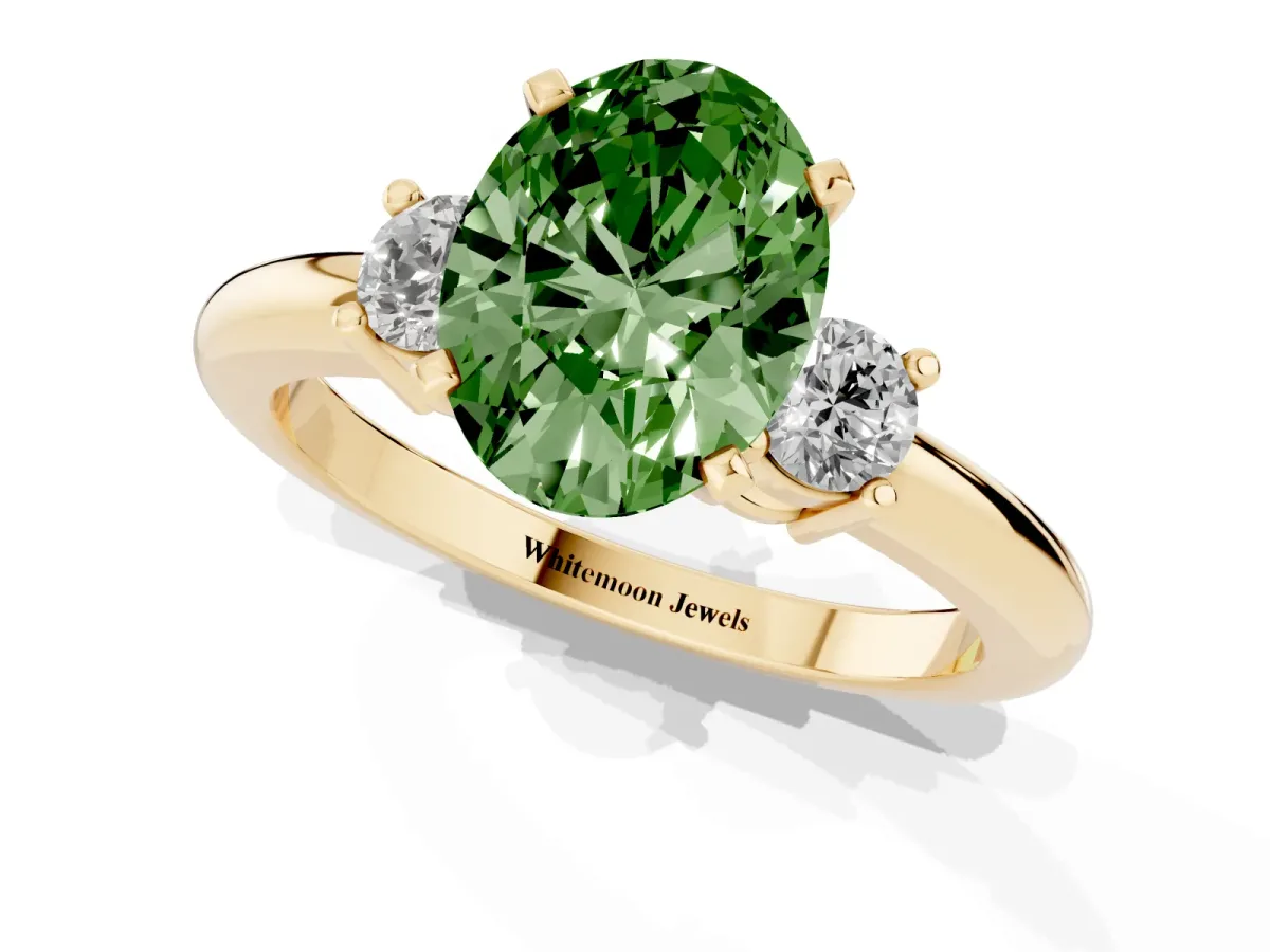 Fancy Green Three-Stone Oval Cut Cut Diamond Solitaire with Prong Setting and Classic Band Yellow gold