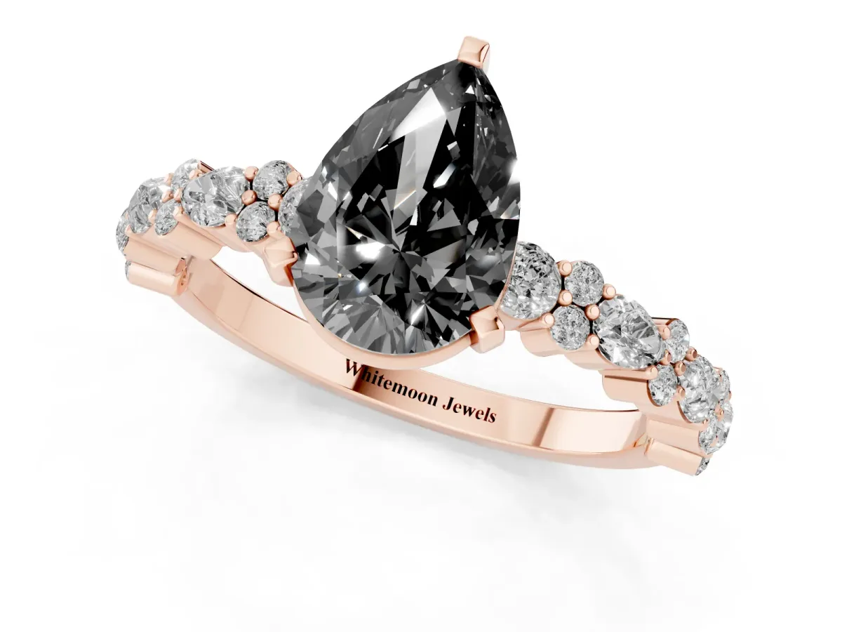 Fancy Black Pear Cut Diamond Side Stone Solitaire Ring with Round and Four-Prong Setting Rose gold