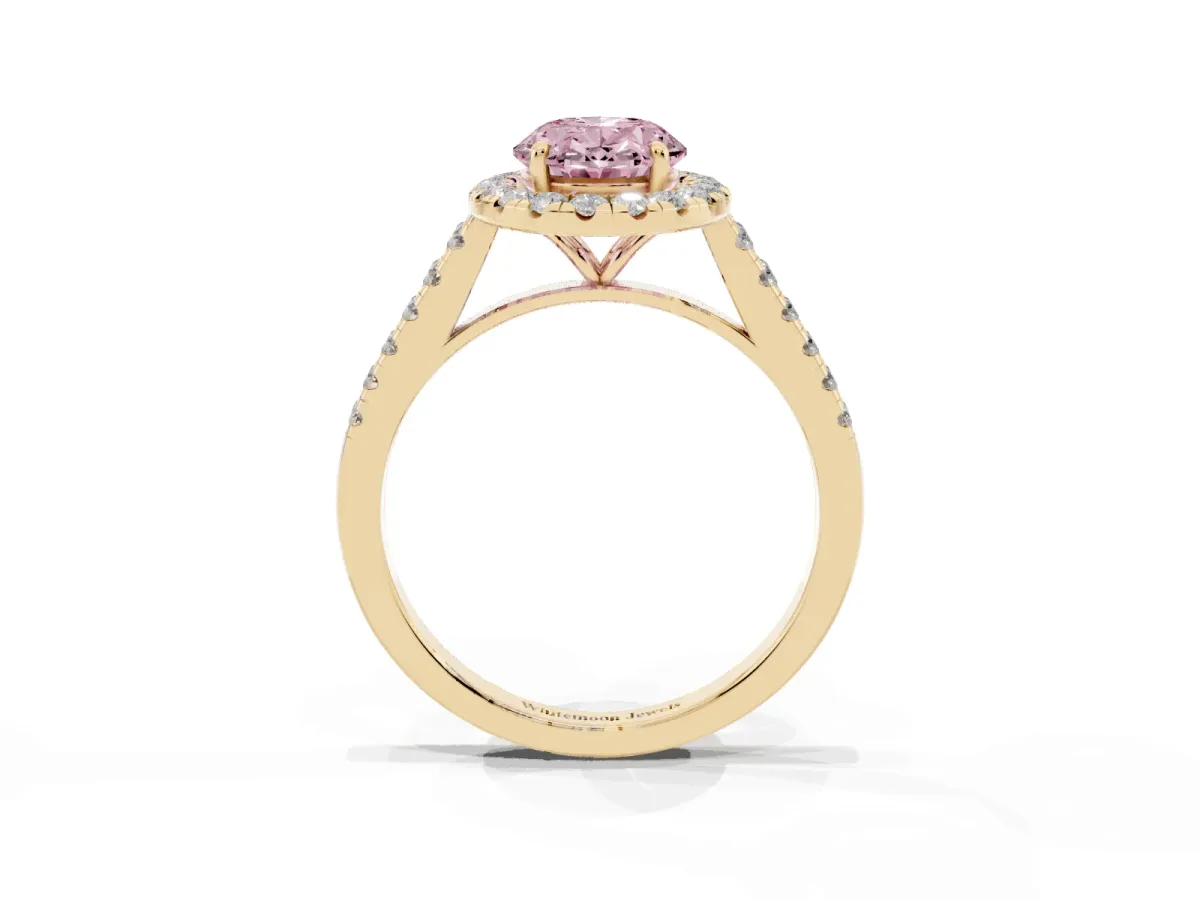 Fancy Pink Oval Cut Halo Pave Diamond Engagement Ring with Four-Prong Setting Yellow gold