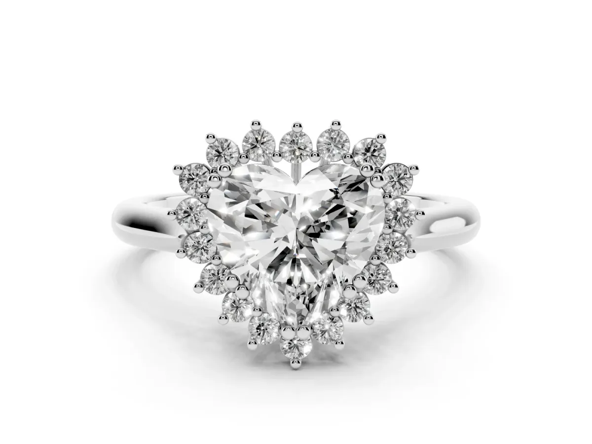 Heart Cut Cut Diamond Halo Ring with Solitaire Band and Prong Setting Silver