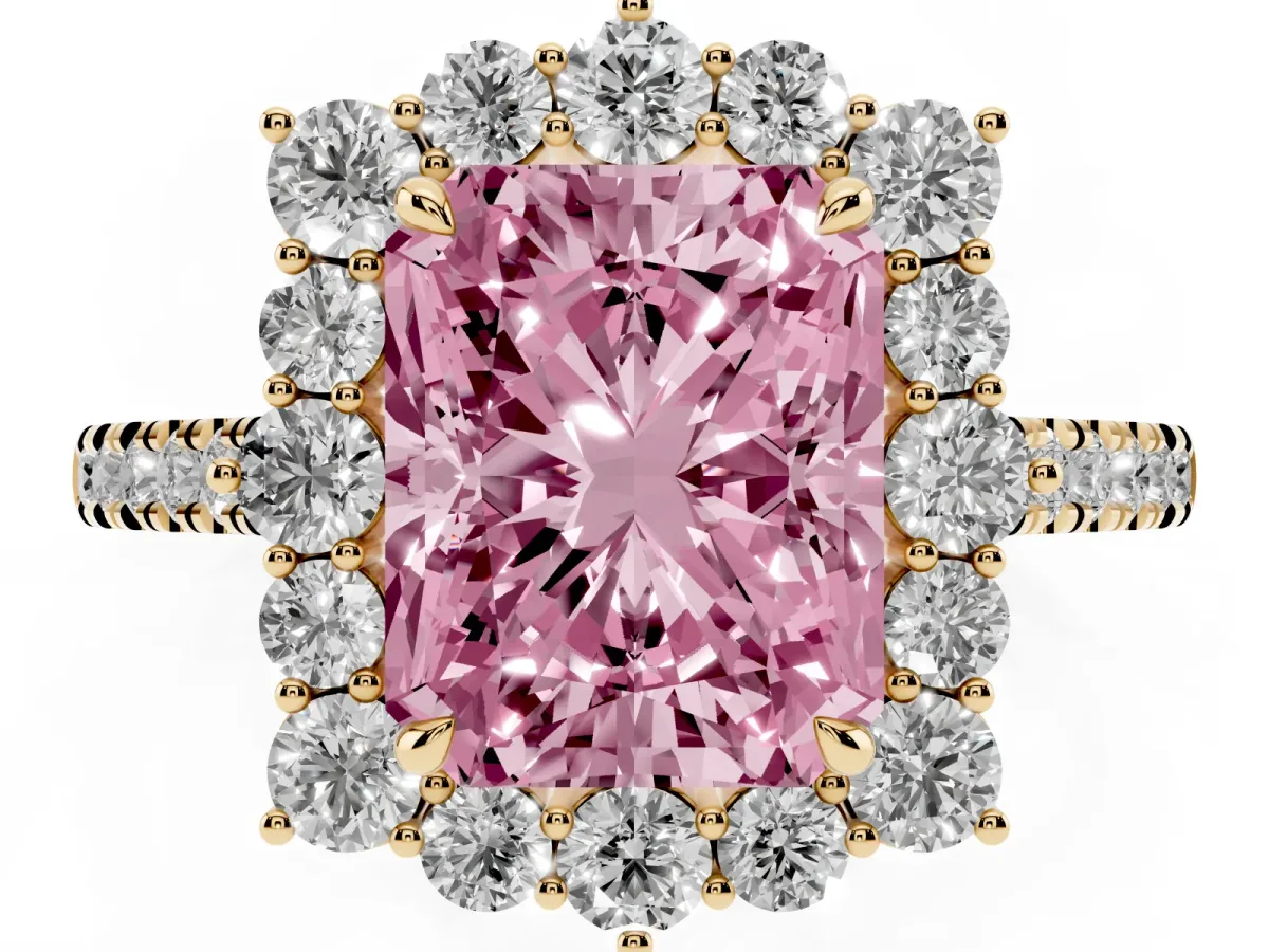 Fancy Pink Radiant Cut Halo Diamond Ring with Pavé Band and Prong Setting Yellow gold