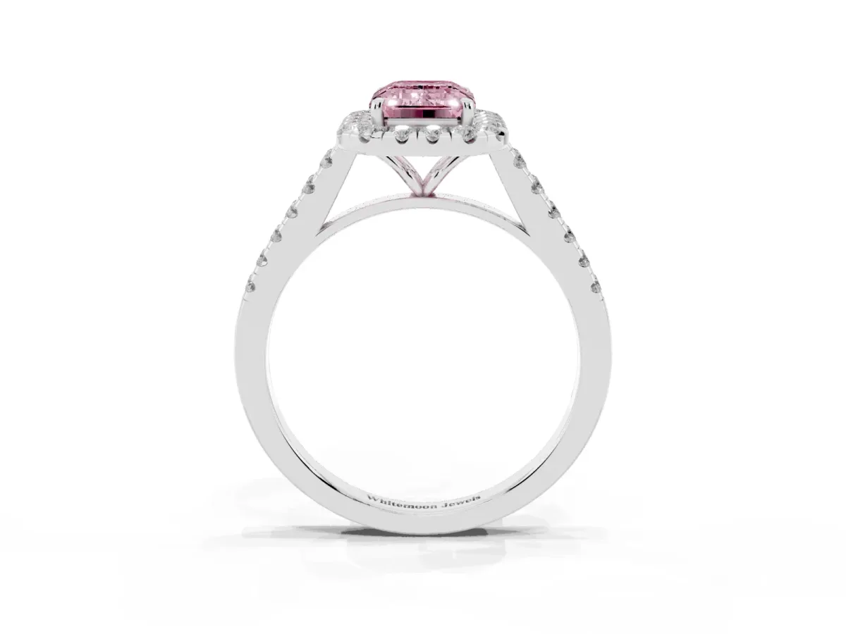 Fancy Pink Emerald Cut Halo Pave Diamond Engagement Ring with Four-Prong Setting Silver