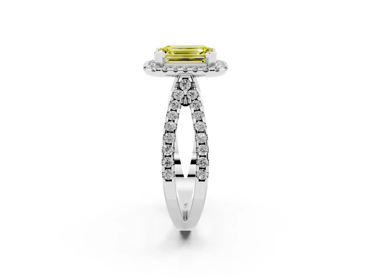 Fancy Yellow Emerald Cut Diamond Halo Ring with Split Shank Pavé Band and Prong Setting Silver
