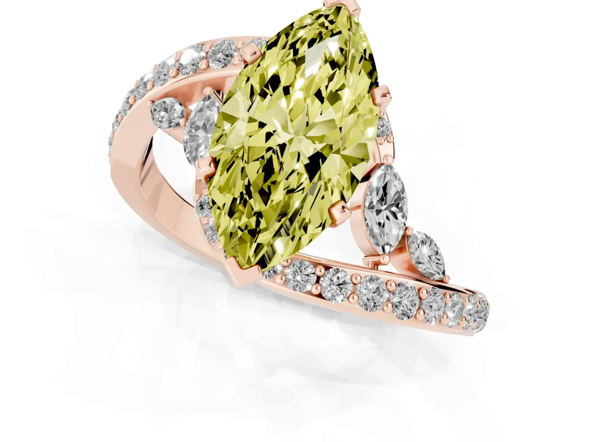 Fancy Yellow Marquise Cut Solitaire with Pavé Twist Band and Four-Prong Setting Rose gold