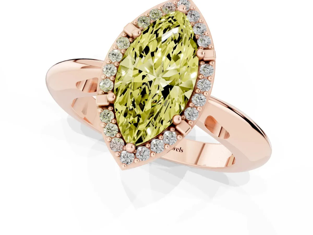 Fancy Yellow Marquise Cut Cut Diamond Halo Engagement Ring with Split Shank and Four-Prong Setting Rose gold