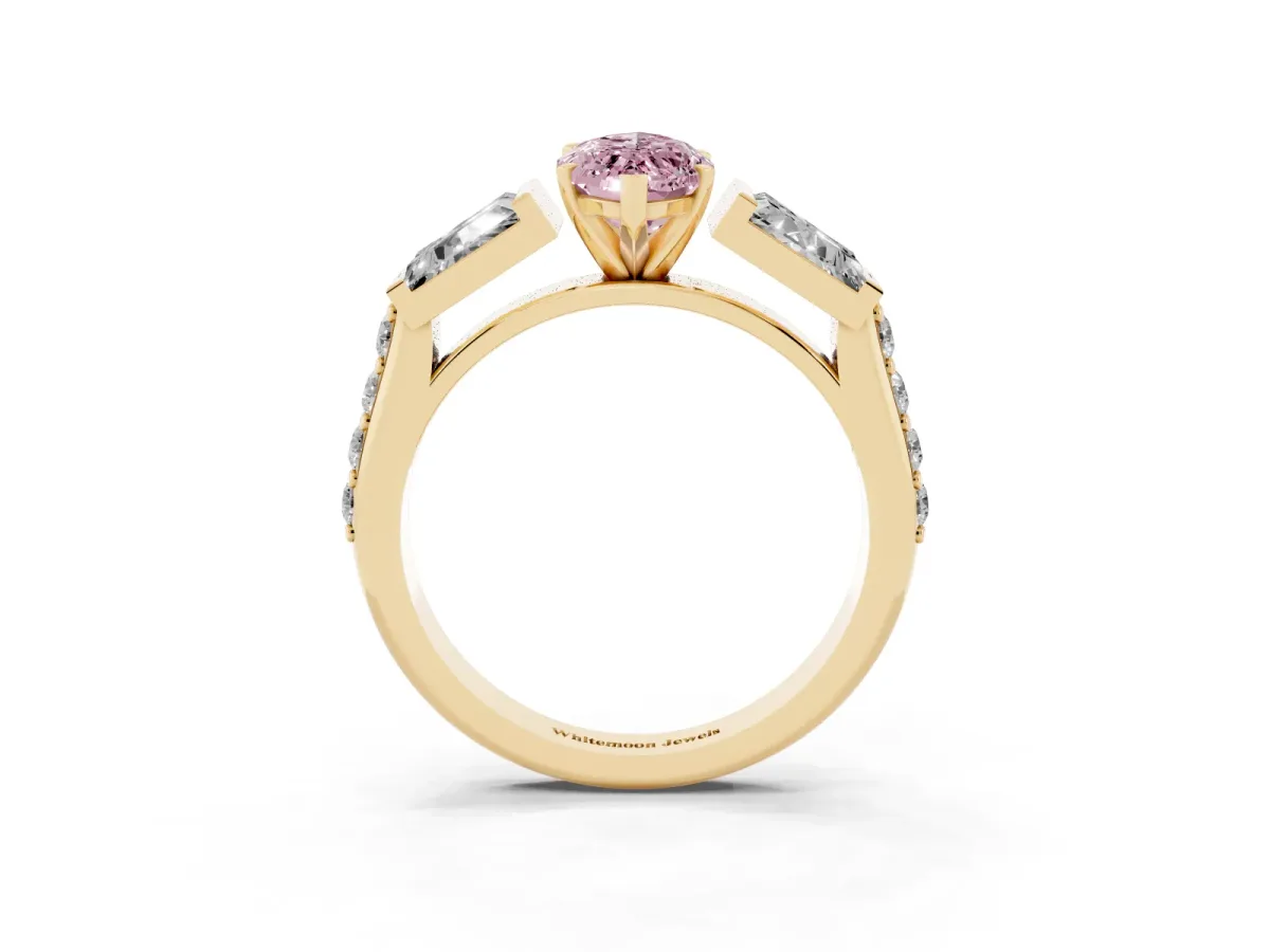 Fancy Pink Marquise Cut Diamond Engagement Ring with Baguette Side Stones and Channel Set Band Yellow gold
