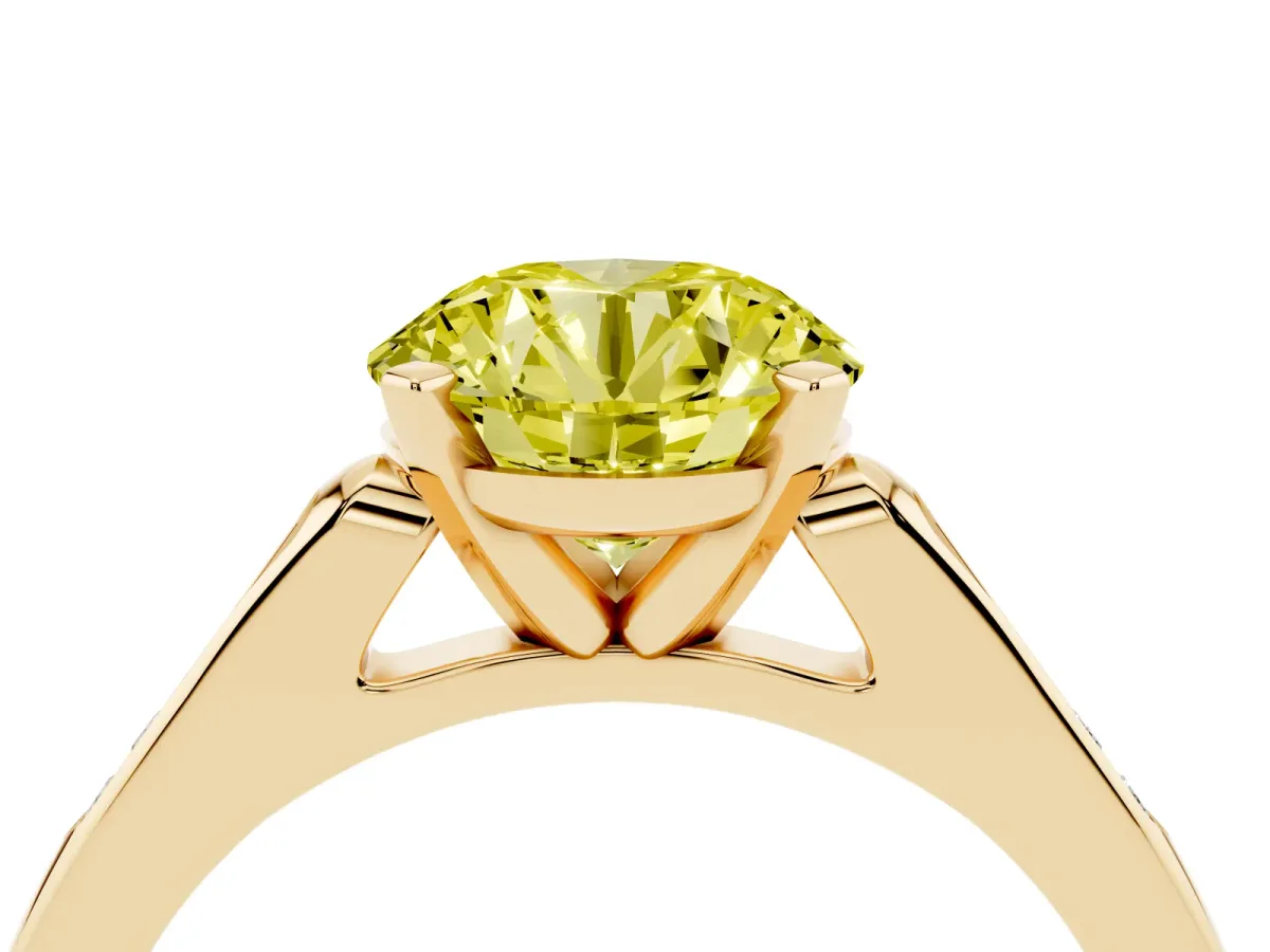 Fancy Yellow Round Cut Diamond Solitaire Ring with Channel Set Round Band and Prong Setting Yellow gold