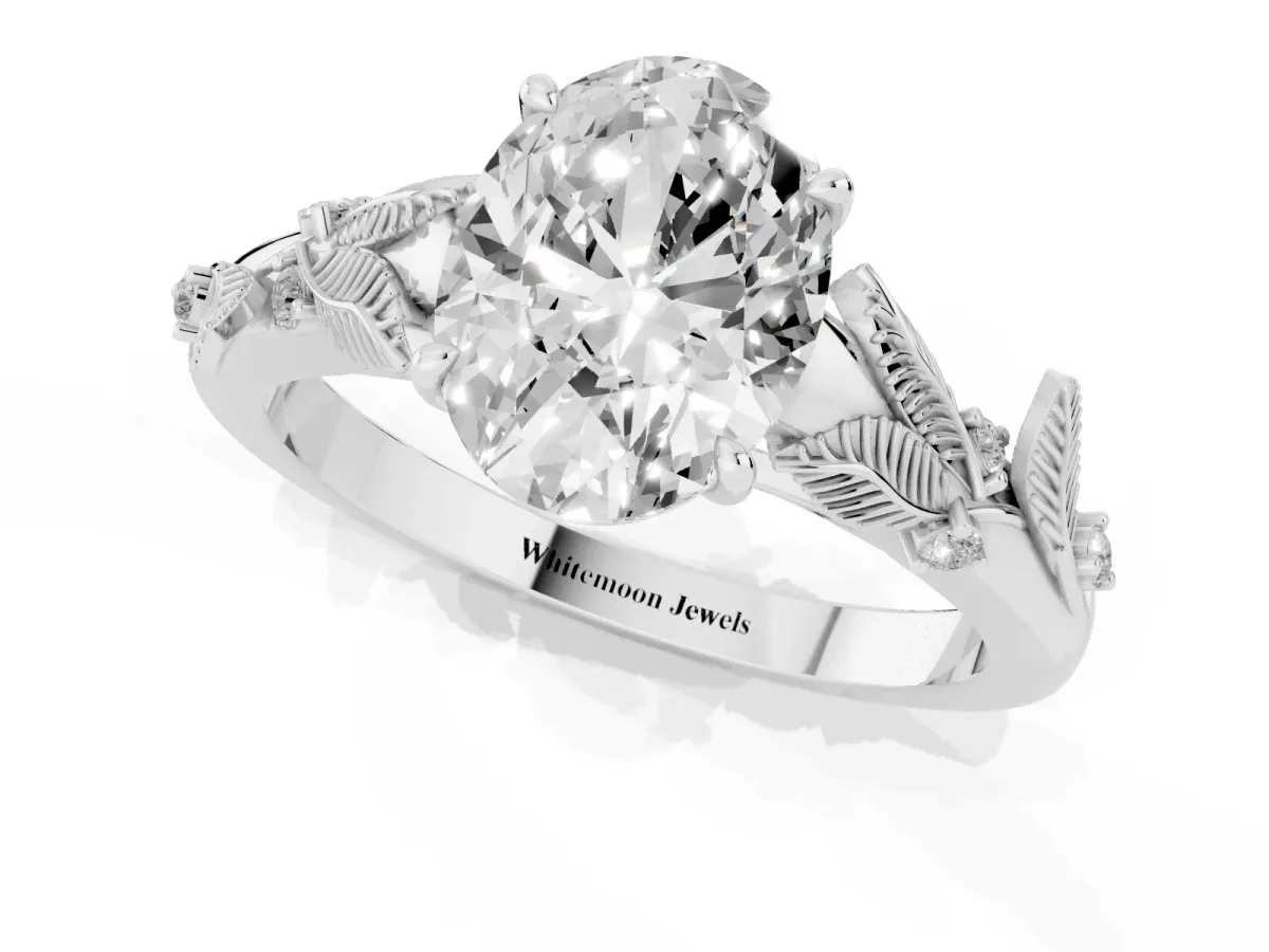 Oval Cut Diamond Solitaire Ring with Leaf Motif Band and Four-Prong Setting Silver