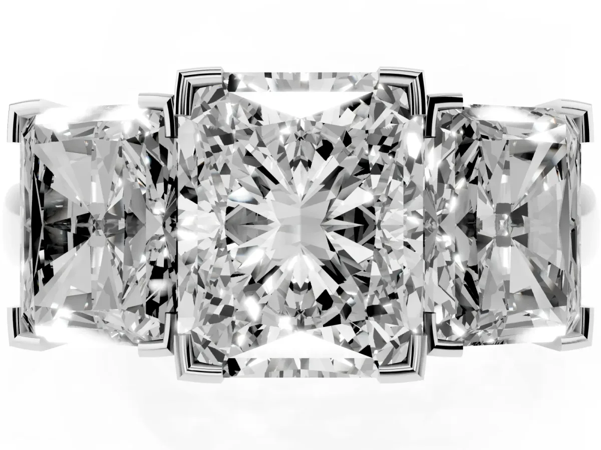 Three-Stone Radiant Cut Cut Diamond Ring with Channel Set Band and Four-Prong Setting Silver