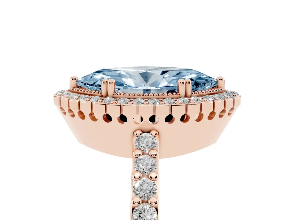 Fancy Blue Marquise Cut Cut Diamond Halo Engagement Ring with Milgrain Detail and Pavé Band Rose gold