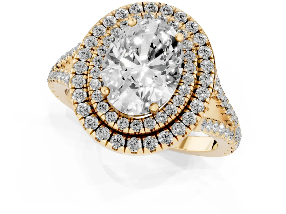 Oval Cut Diamond Double Halo Ring with Pavé Band and Prong Setting Yellow gold