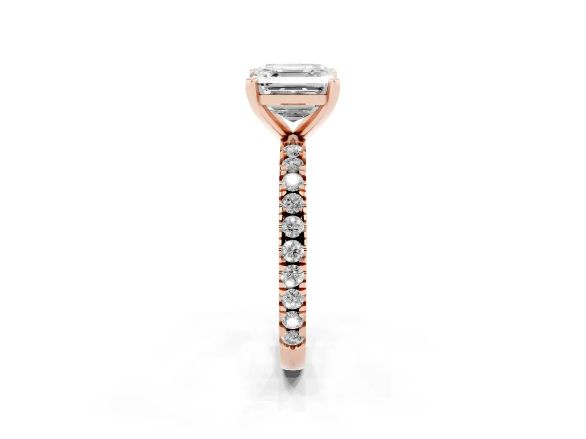 Asscher Cut Diamond Pavé Band Solitaire with Four-Prong Setting Rose gold