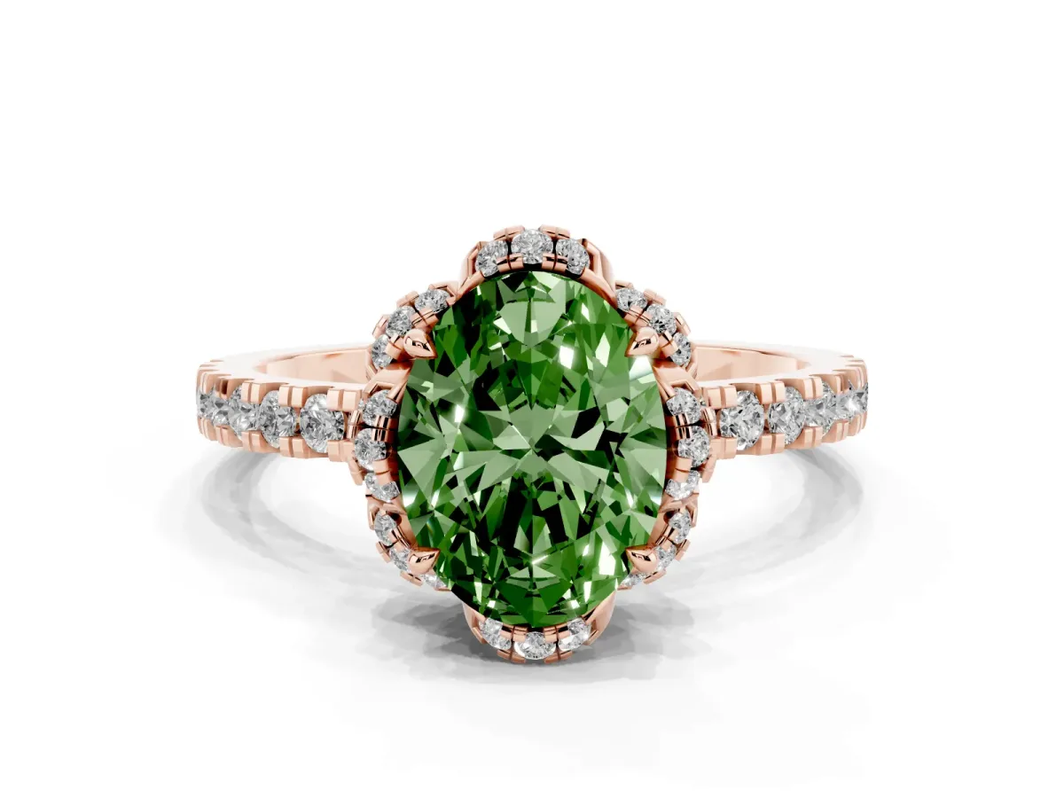 Fancy Green Oval Cut Halo Diamond Pave Band Ring with Four-Prong Setting Rose gold