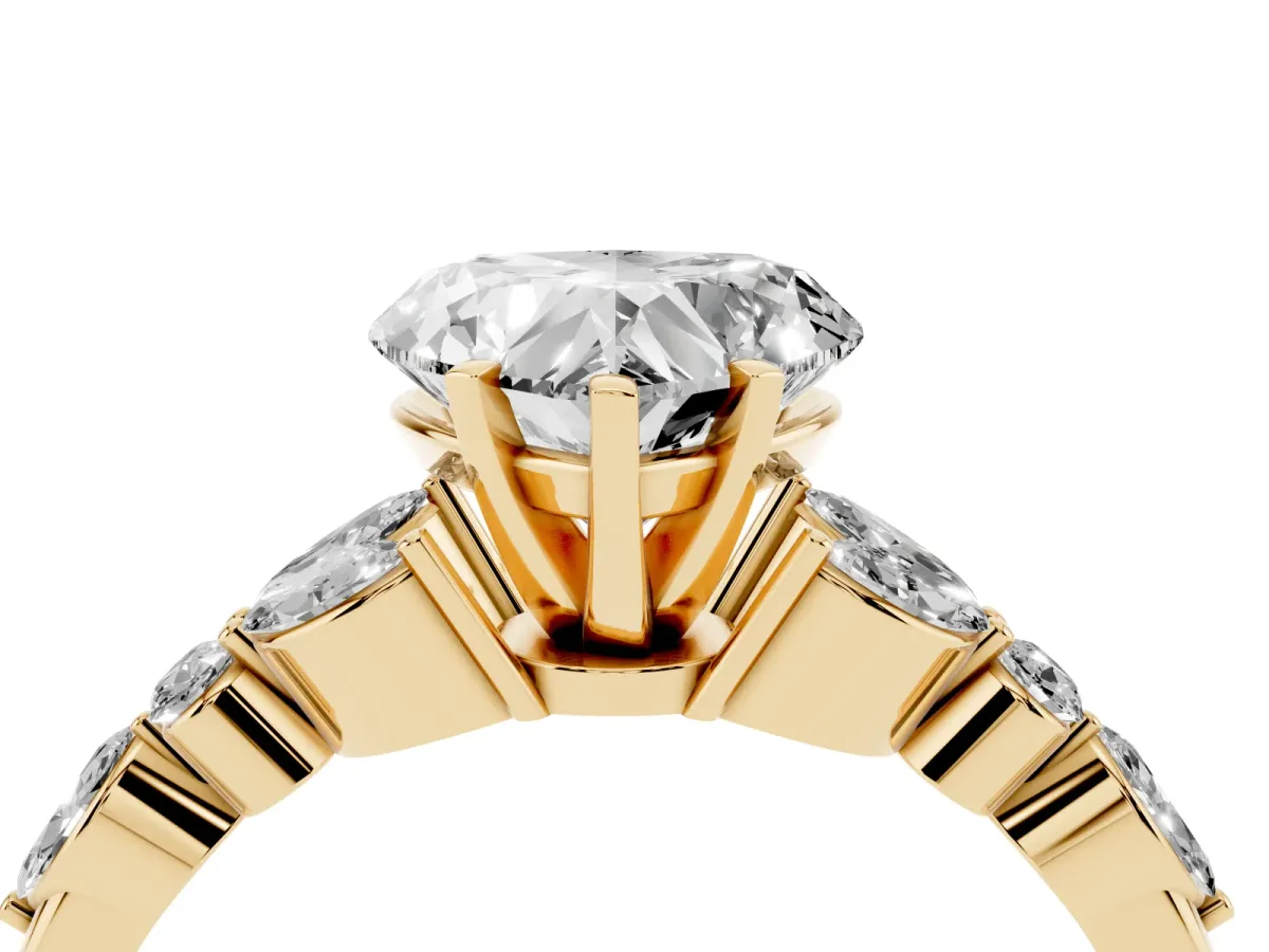 Heart Cut Diamond Solitaire Ring with Side Stones and Four-Prong Setting Yellow gold