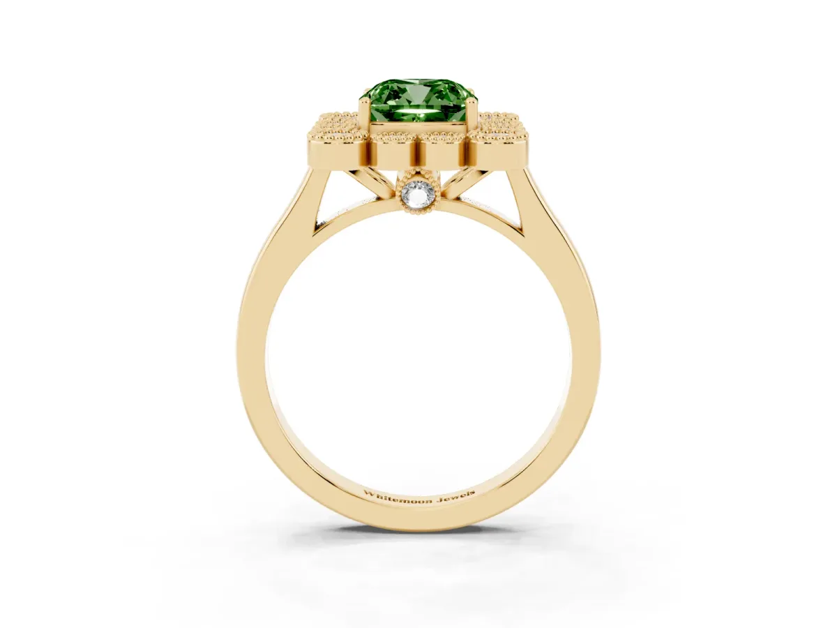 Fancy Green Cushion Cut Halo Diamond Cluster Engagement Ring with Milgrain Bezel Setting and Solitaire Band Yellow gold