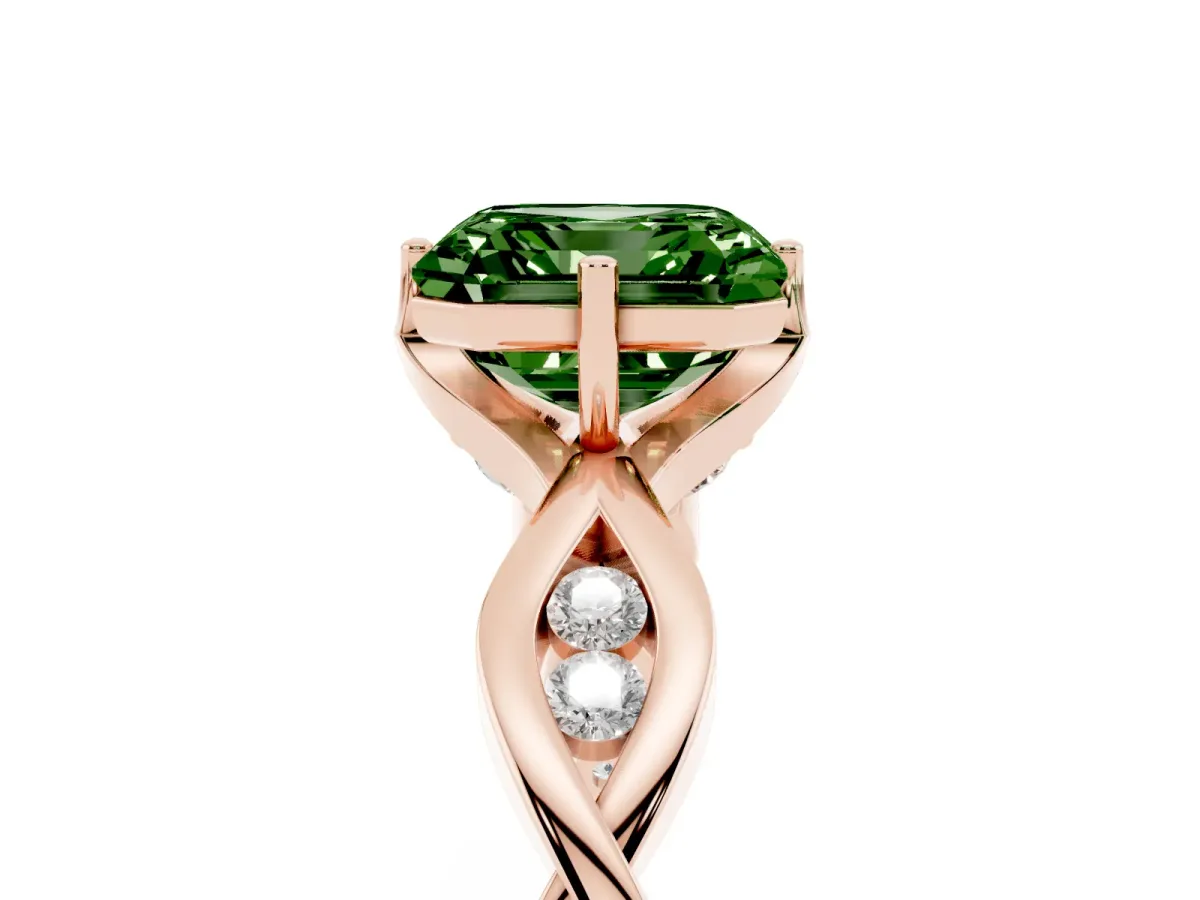 Fancy Green Asscher Cut Solitaire Twist Band with Leaf Prong Setting Rose gold